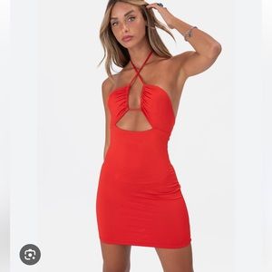 Hailey Bieber red halter top dress